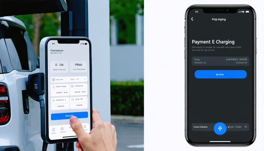 Mobile phone displaying EV charging payment app interface with pricing and payment options