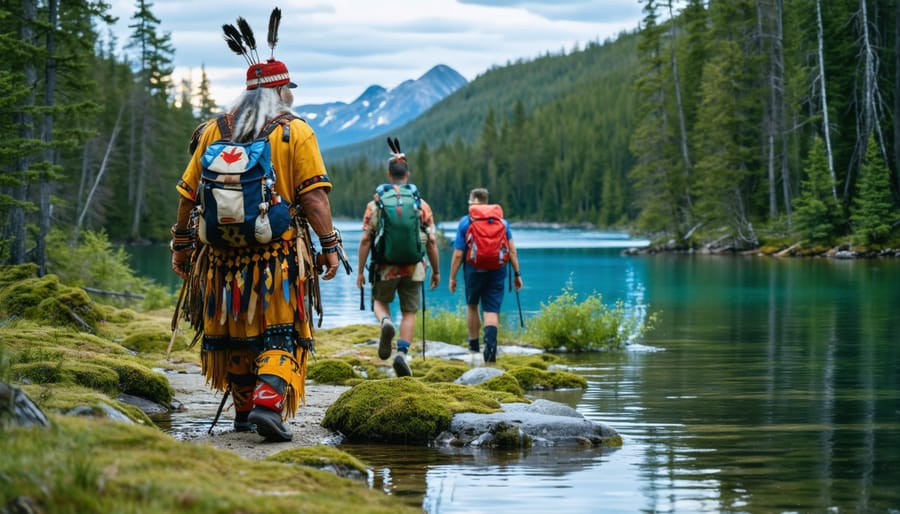 A First Nations elder in traditional attire guides a group of modern adventurers through the lush forests and shimmering lakes of Ontario's wilderness, symbolizing the union of indigenous cultural heritage and modern exploration.