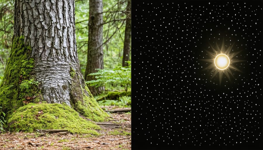 Collage of natural navigation indicators including moss growth on tree trunk, sun position through trees, and night sky with North Star