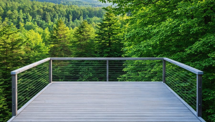 Wooden observation deck with people quietly watching for wildlife in a forest setting