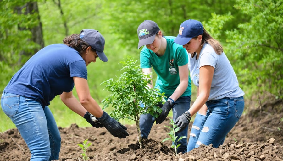 Group of diverse community members planting saplings in a natural corridor