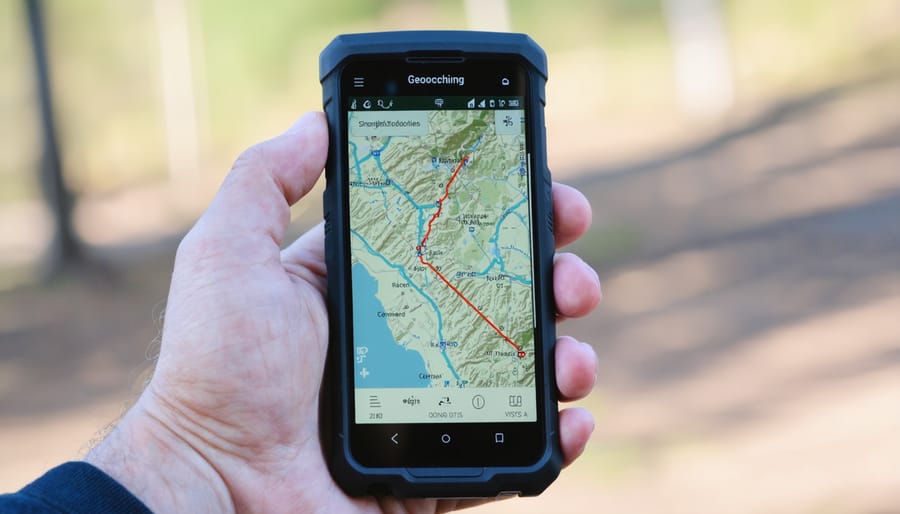 Geocacher using a GPS device to navigate to a cache location