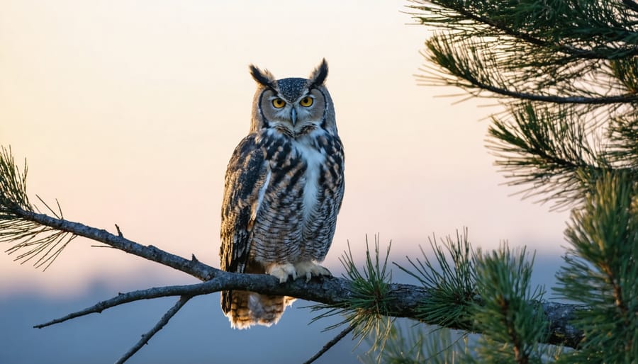Majestic great horned owl with spread wings sitting on a pine tree branch