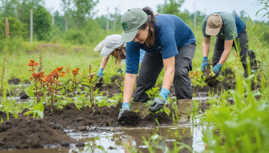 Group of people planting seedlings in a natural park setting