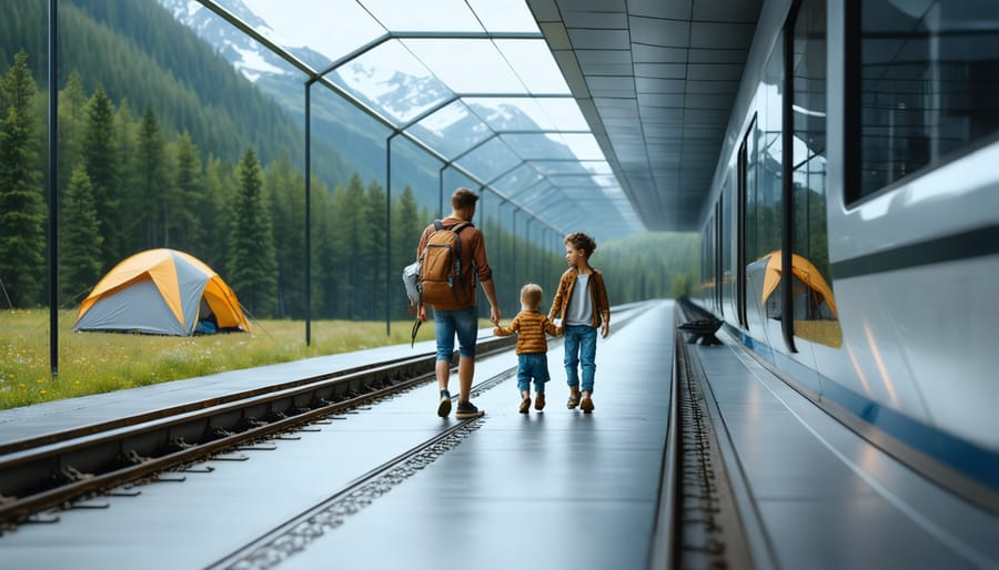 Family with camping equipment in hyperloop terminal overlooking wilderness