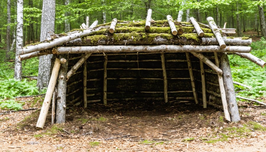 Sequential images showing the construction process of a wilderness lean-to shelter using forest materials