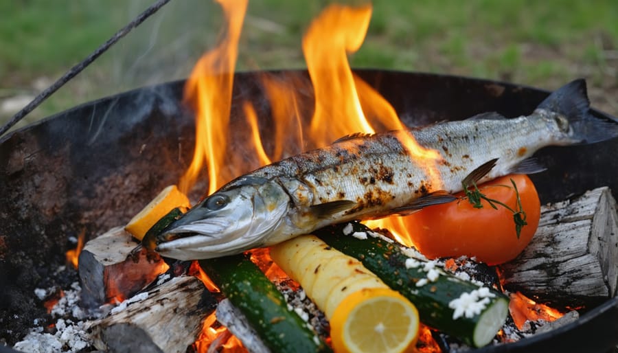 Fresh whitefish being grilled over campfire with local vegetables and cooking equipment visible