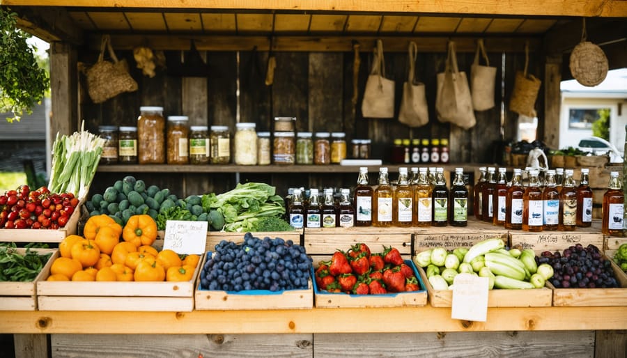Colorful display of local vegetables, fruits, and maple products at a Manitoulin Island farmers' market