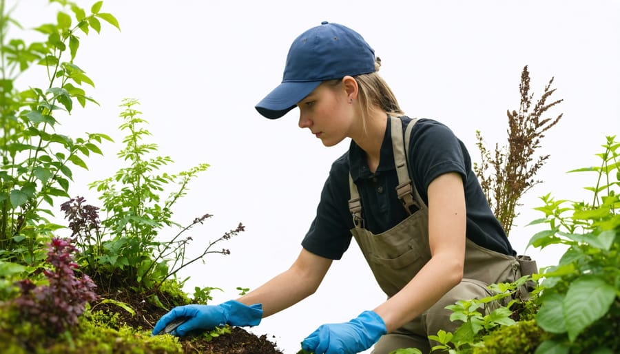 Person demonstrating correct technique for manually removing invasive plants with proper safety equipment