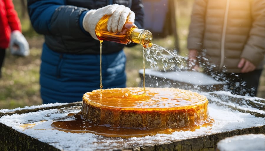 Person demonstrating maple syrup collection from tree during festival