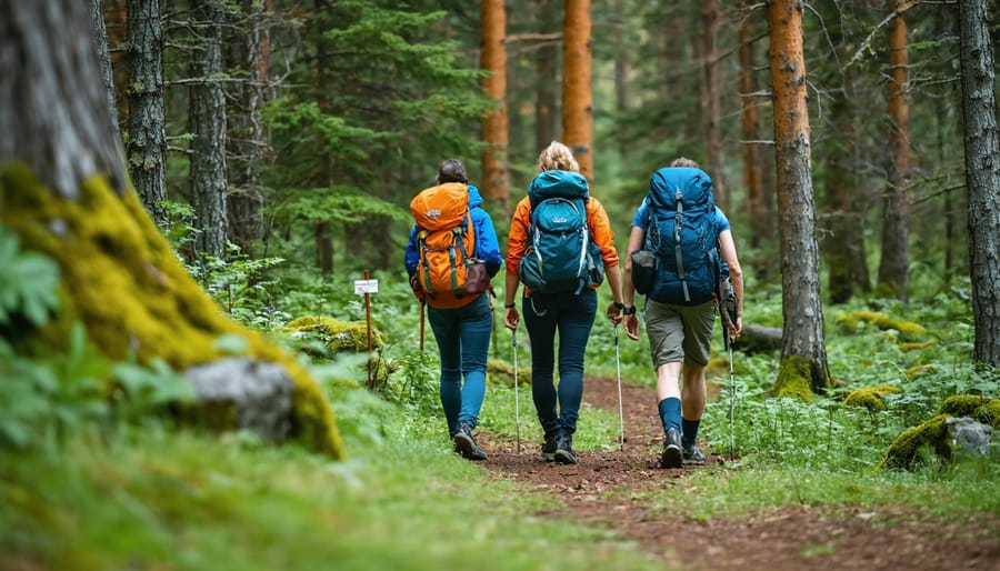 Hikers walking single file on a marked woodland trail in Ontario