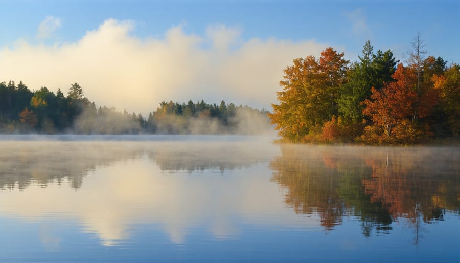 Ethereal morning fog floating over an Ontario lake surrounded by trees showing first signs of autumn colors