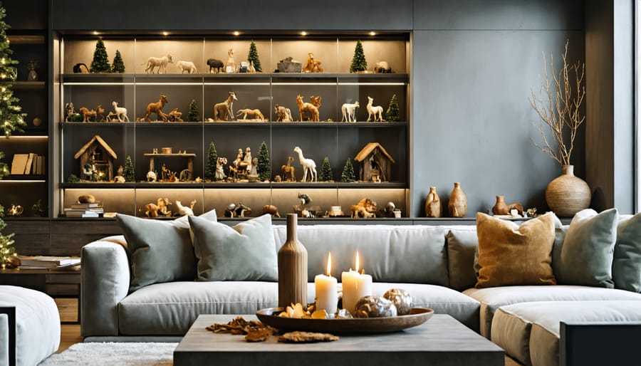 Contemporary home interior showcasing vintage nativity set in modern display cabinet