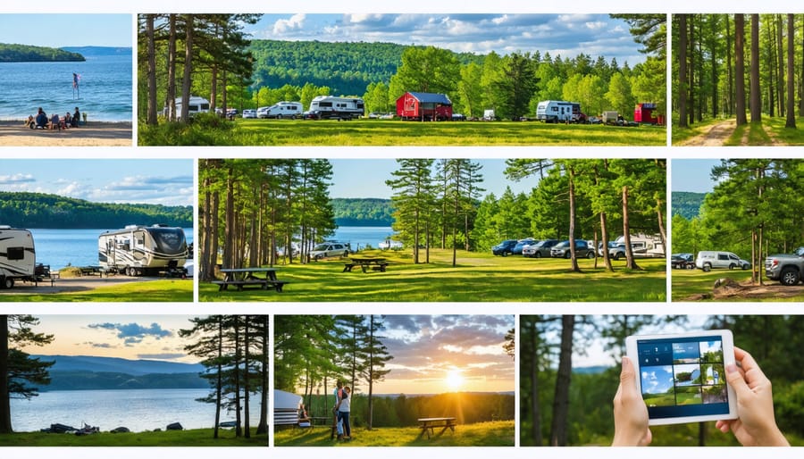 A visual collage of New Jersey’s camping landscapes featuring the beach, pine forests, and mountains, with campers using a tablet to access the new reservation system in the foreground.