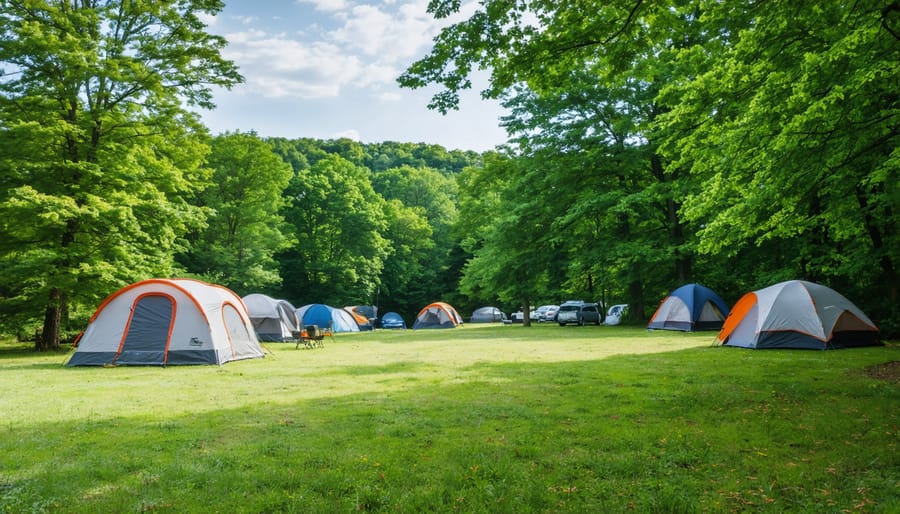 Campsite setup at High Point State Park showing tent platforms, picnic tables, and surrounding forest