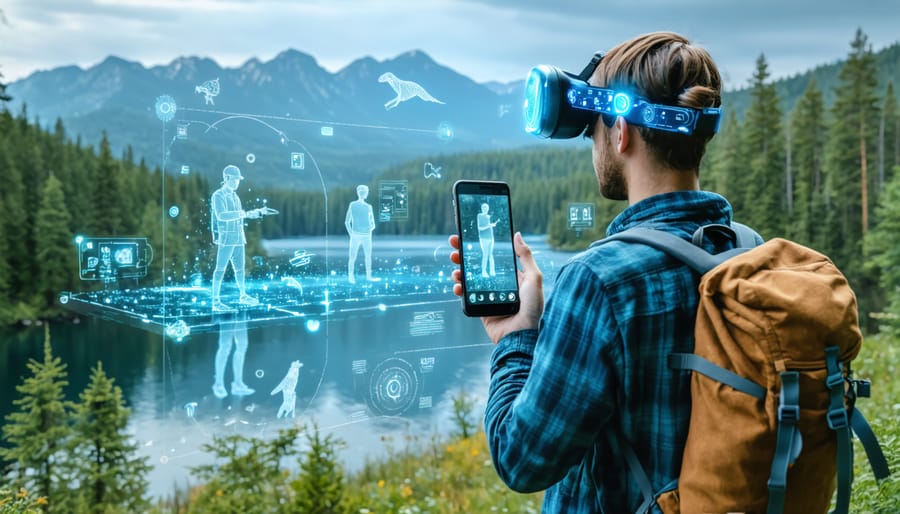A hiker standing in an Ontario park using a smartphone to view augmented reality overlays, revealing historical figures, digital wildlife, and interactive trail guides in the natural landscape.
