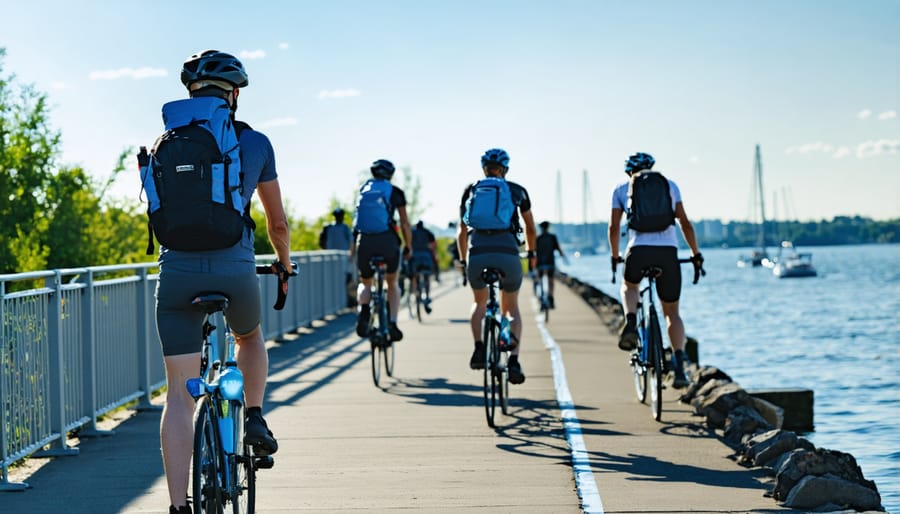 Group of cyclists on Ontario's Waterfront Trail practicing sustainable tourism