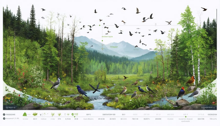 Conceptual image of an Ontario park landscape with biodiversity mapping elements, showing a map overlay with wildlife hotspots and species markers blending into the natural scenery.