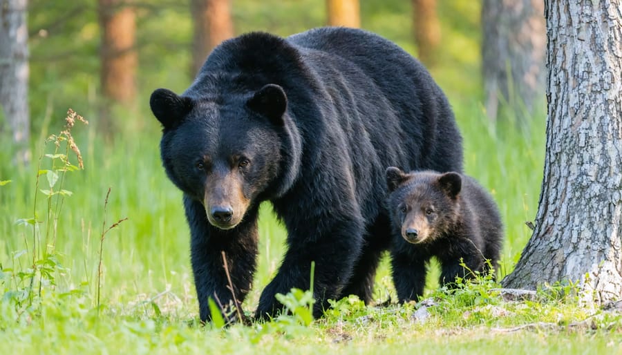 Adult black bear and cub searching for food among fallen logs in a dense forest