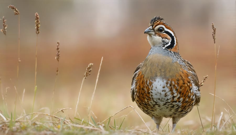 A northern bobwhite quail standing alert in tall grass with native wildflowers