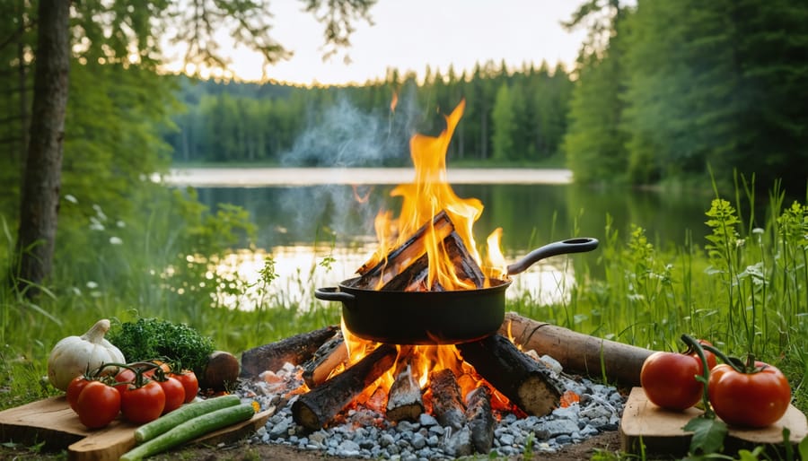 Campfire with a cast iron pot cooking over flames surrounded by lush greenery in an Ontario park, showcasing the essence of outdoor cooking in nature.