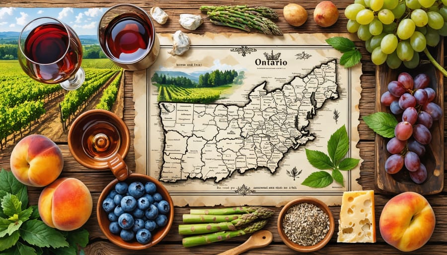 Overhead view of a table with seasonal Ontario foods including wine, fresh produce, and artisanal cheeses, with a scenic vineyard landscape in the background, capturing Ontario's diverse culinary experiences.