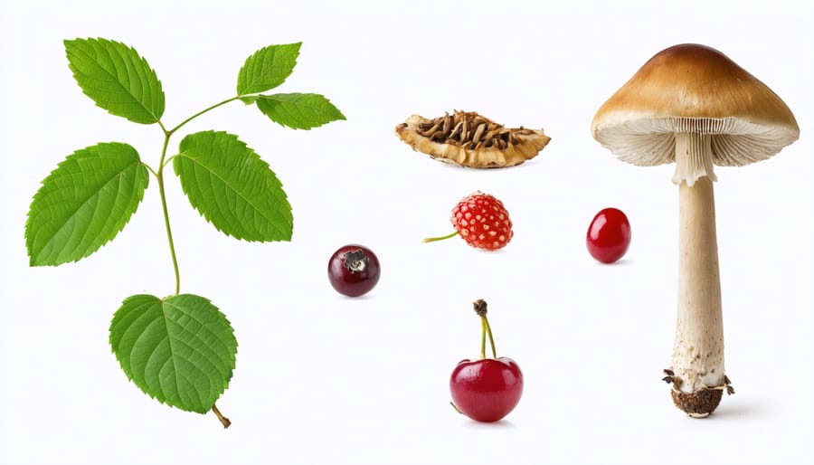 Labeled photos of safe-to-eat wild plants and mushrooms common in Ontario forests