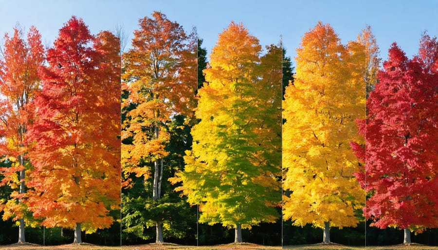 Series of five images showing gradual transformation of maple trees from green to peak fall colors