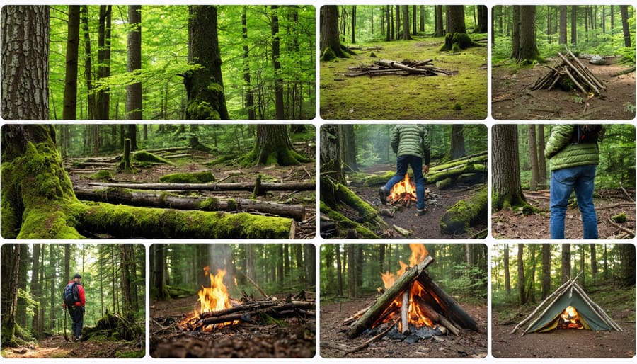 A collage depicting crucial forest survival skills in Ontario's wilderness, including natural navigation with moss-covered trees, fire-starting, a lean-to shelter under construction, and a hiker foraging wild edible plants. The image captures the balance of peaceful nature and survival readiness.