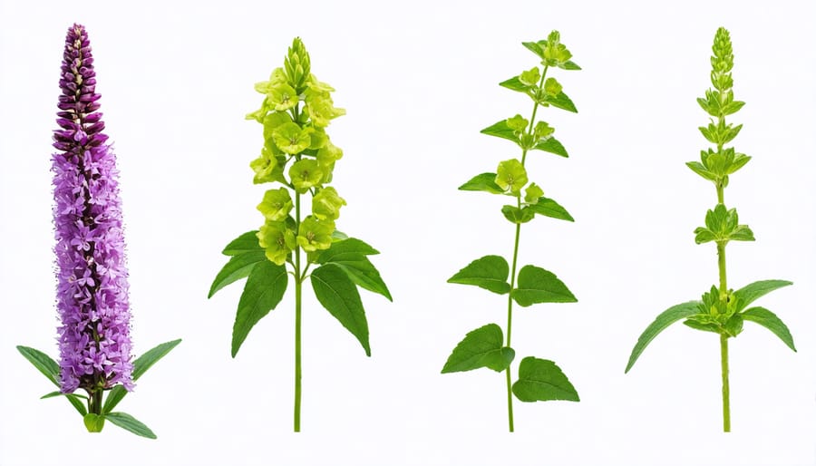 Identification guide showing four invasive plant species with distinctive features labeled