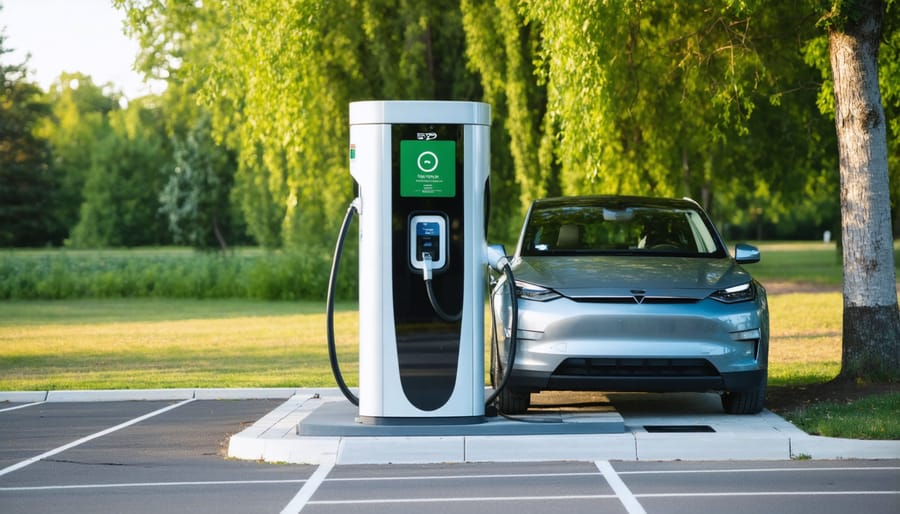 Electric vehicle charging at a Level 2 charging station in an Ontario provincial park with trees in background