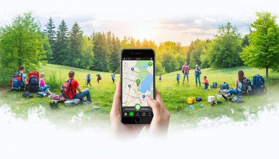 Enthusiastic group of geocachers in an Ontario park using a smartphone for navigation, with various cache containers hidden within the natural landscape.