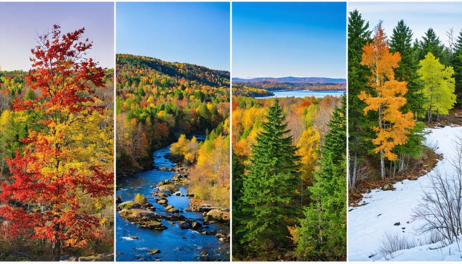 Split-frame image of Frontenac Provincial Park lookout showing the dramatic seasonal transitions from spring, summer, fall, to winter, with a central maple tree and a winding stream.