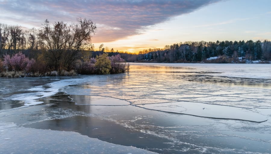 Stunning scene of early spring in Ontario, with thawing ice on a lake reflecting golden sunrise light, surrounded by budding trees and emerging wildflowers, illustrating the transition from winter to spring.