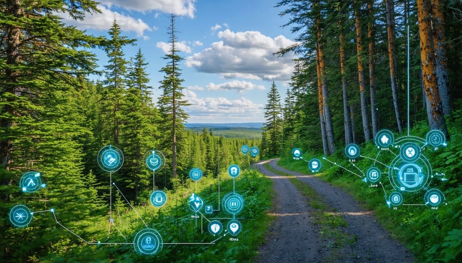 Hiking trail in Algonquin Park with augmented reality style navigation markers