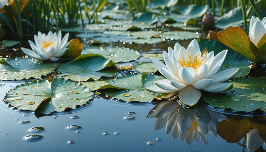 Pink and white water lilies with broad green leaves floating on still water in an Ontario wetland