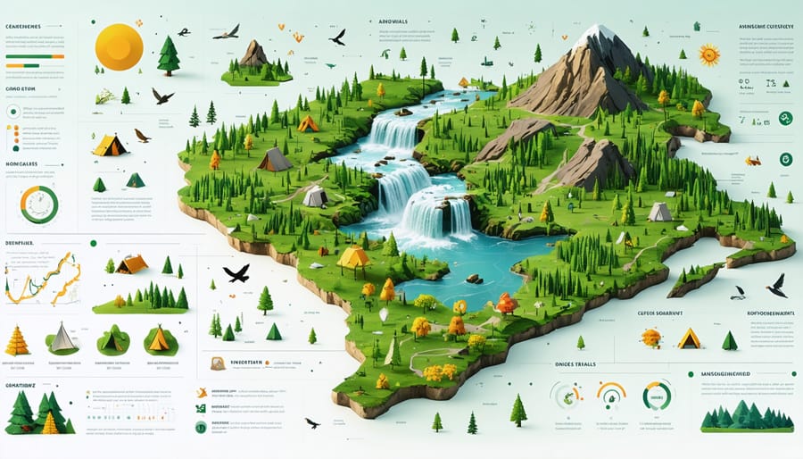 Conceptual illustration displaying an AI interface over a map of Ontario, filled with outdoor activity icons such as hiking trails, waterfalls, and campsites, highlighting personalized travel planning.