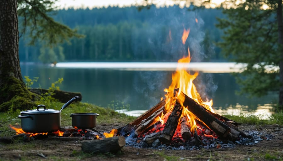 Tent and campfire setup along Providence Bay's shoreline with Lake Huron in the background