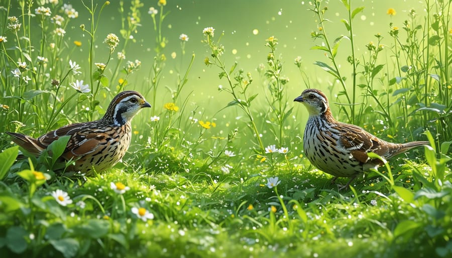 A conceptual mosaic image representing the restoration of Northern Bobwhite quail habitats in Ontario, depicting grasslands with native plants and subtle quail silhouettes, symbolizing community conservation efforts.