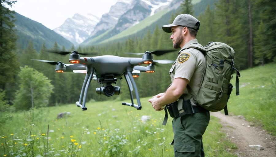 Park ranger using tablet to control drone delivery system while hikers wait in background
