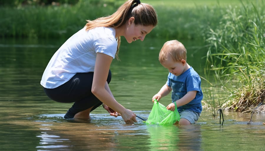 Parent supervising child exploring shallow water with safety equipment at Ontario beach