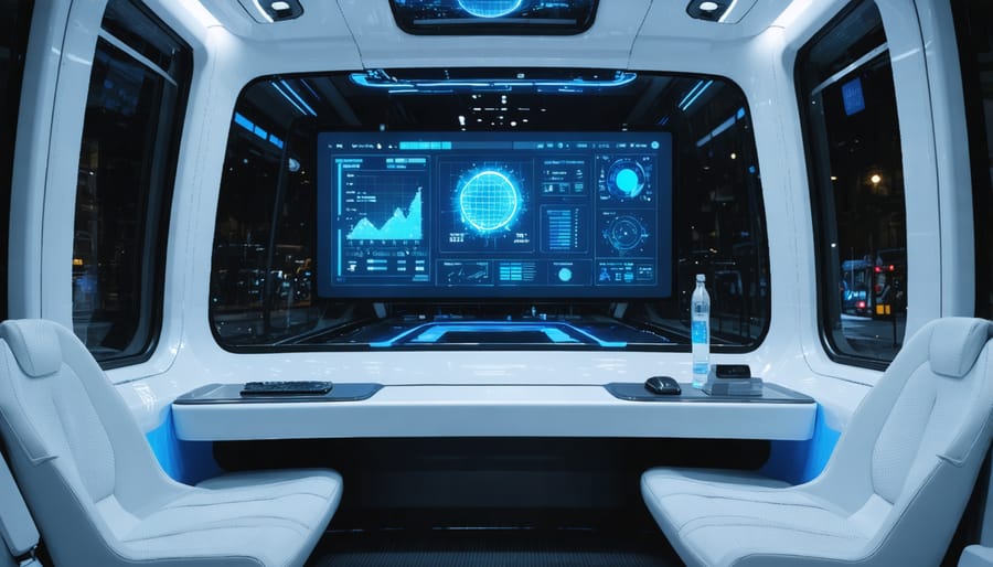 Modern interior of autonomous shuttle displaying safety systems and digital screens