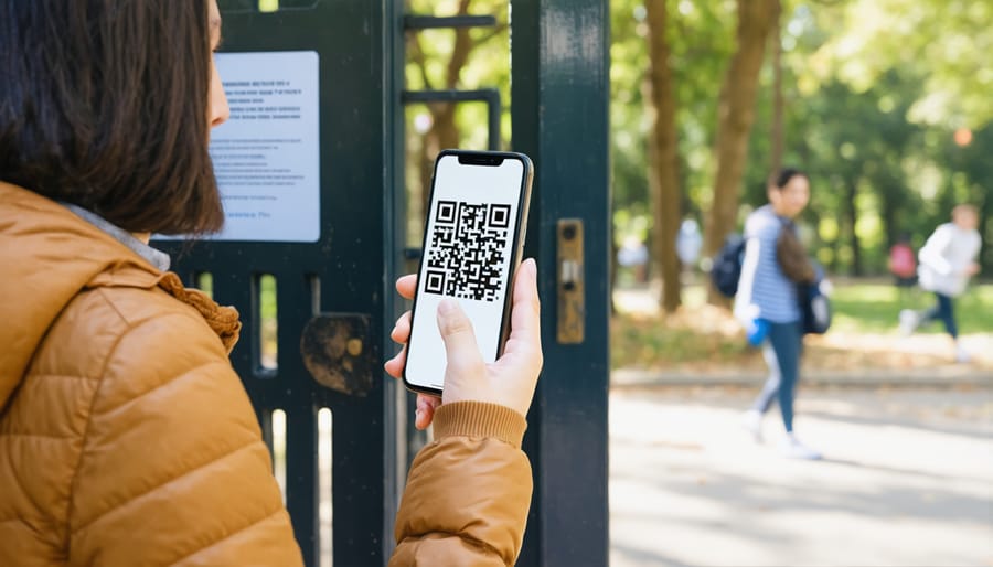 Visitor using smartphone to scan digital park pass QR code at entrance gate