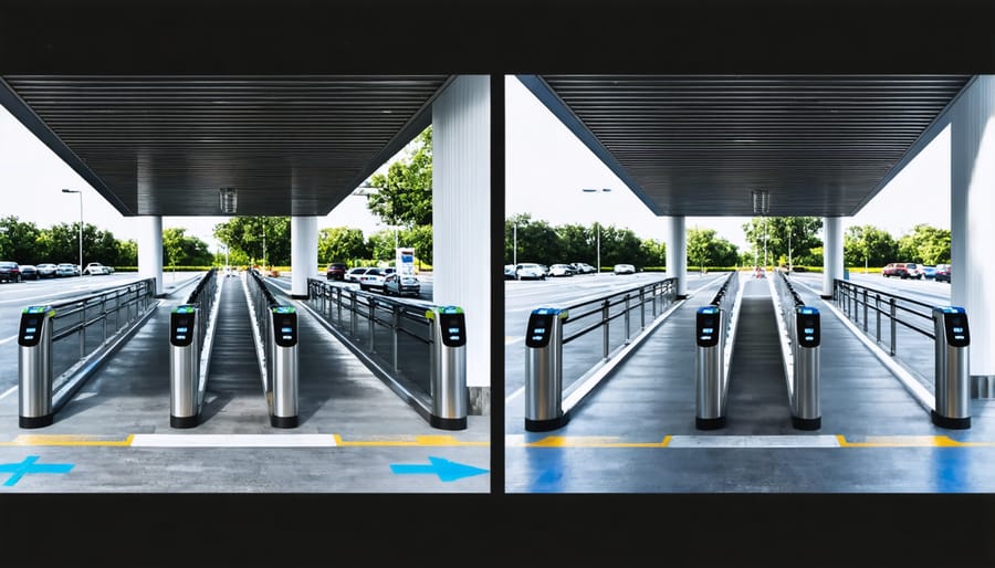 Side-by-side comparison of traditional park entry queue versus no-wait smart entry lane