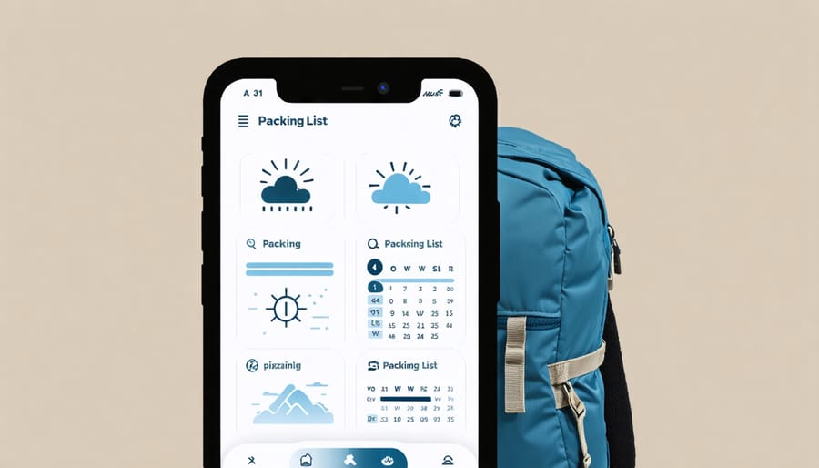 Smartphone screen showing AI-generated packing list with weather indicators and activity symbols