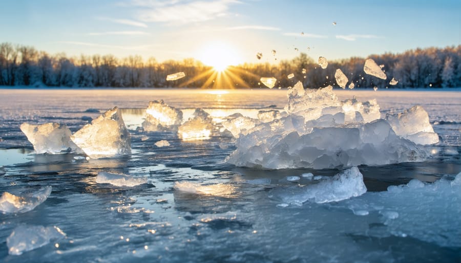 Dramatic scene of thawing ice breaking apart on an Ontario lake during early spring sunrise
