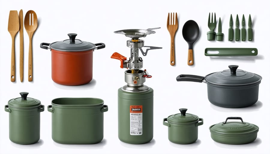 Essential camping cookware and equipment laid out on a wooden surface