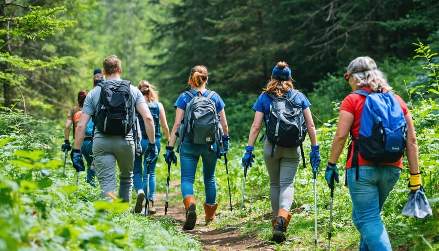 Team of volunteers using tools to maintain park trails on a sunny day