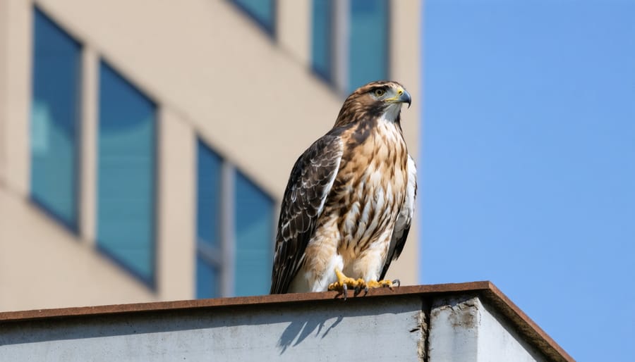 Red-tailed hawk surveying the city from a high-rise building in downtown Ontario