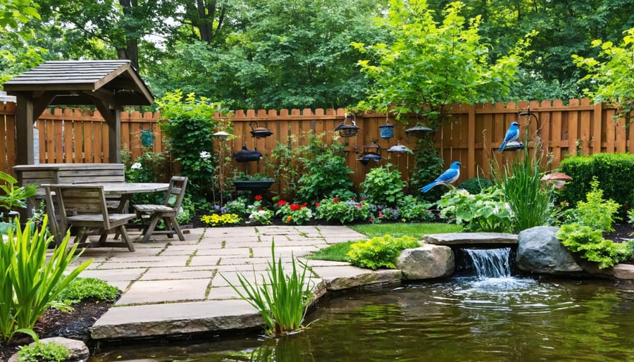 Residential backyard featuring wildlife-friendly landscaping elements